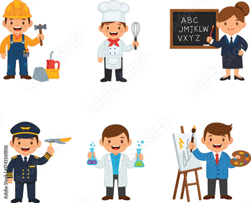 Six cartoon kids in different professional roles including chef, teacher, pilot, engineer, scientist, and artist on white background vector.
