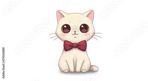 A cartoon cat sits wearing a bow tie with large eyes and whiskers