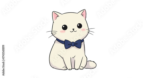 Cartoon cat with a blue bow tie sitting against a white backdrop