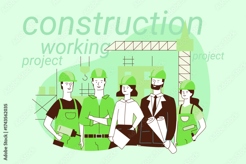Obraz premium Group of six construction workers standing together at project site. People wearing hard hats and safety gear while discussing plans