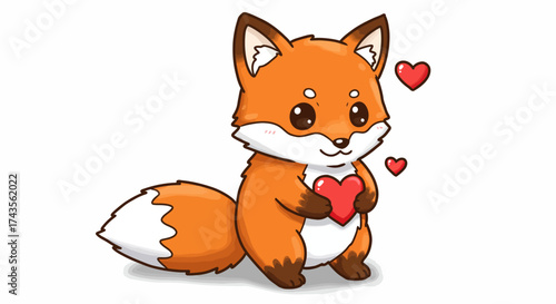 A cartoon fox with big eyes holds a heart with two more floating behind it