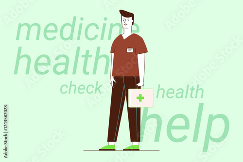 Healthcare worker standing ready to help with health services. He holding bag symbolizing medicine and healthcare support. Health concept