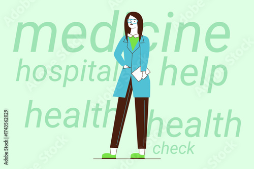 Healthcare worker standing confidently, ready to assist. Keywords related to health, medicine, and support prominently displayed