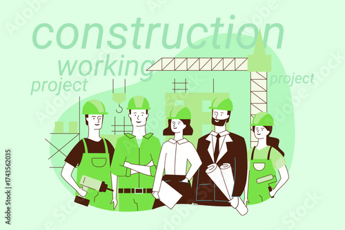 Group of six construction workers standing together at project site. People wearing hard hats and safety gear while discussing plans