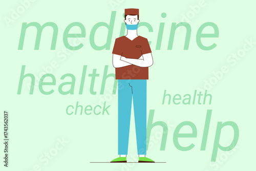 Health professional standing confidently with crossed arms. He wearing medical uniform and mask, symbolizing care and readiness to provide health services in need