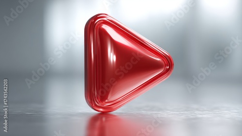 A shiny, red play button icon on a reflective surface, creating a modern and sleek digital atmosphere.