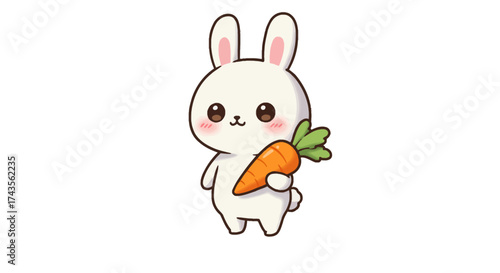 A cartoon bunny white with pink cheeks holds a carrot