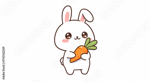 A cute white bunny holds an orange carrot with green leaves in its paws