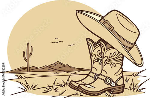 A lone worn leather cowboy hat rests on a pair of weathered leather boots evoking a classic western aesthetic and rugged individualism