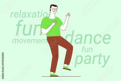 Man dressed in green shirt and brown pants enjoying dancing in light, cheerful environment. He moving with joy, embodying relaxation and fun in his dance