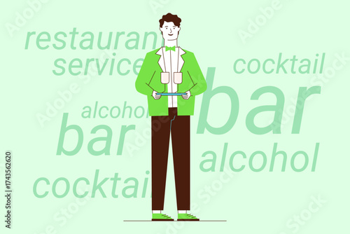 Man standing at bar, holding cocktail menu. He wearing green jacket, ready to assist customers with drink selections