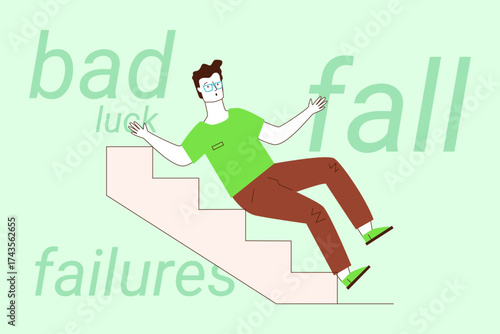 Man wearing glasses and green shirt slipping down staircase, depicting moment of mishap. Surprised man losing his balance and falling