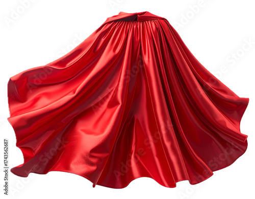 Flowing red silk superhero cape waving in the wind, shiny fabric texture. Isolated on transparent background, png