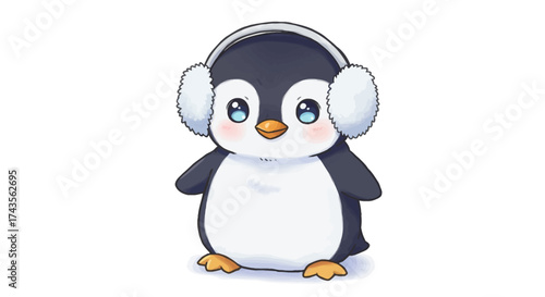 Cute cartoon penguin with big eyes wearing earmuffs