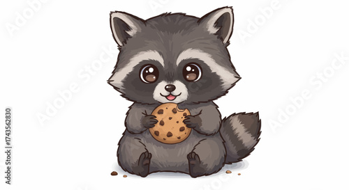 Cartoon raccoon sitting holding a partially eaten chocolate chip cookie on a white background