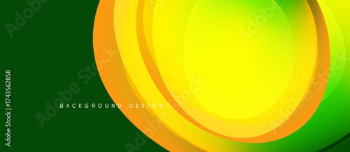 Abstract vibrant design features layered circles. Green background contrasts yellow, orange hues. Modern aesthetic, smooth gradients present.