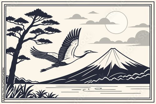 Minimalist japanese landscape art piece featuring a serene scene with natural elements and subtle color palette