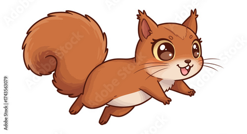 Cartoon squirrel leaps with large eyes whiskers fluffy tail and light brown fur