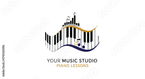 Piano lessons and music studio logo design with musical notes and keyboard