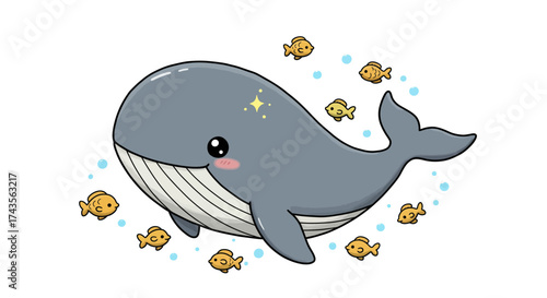 A cartoon whale is encircled by small golden fish with blue bubbles floating nearby