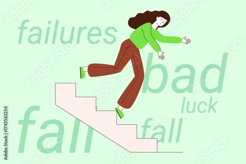 Woman climbing stairs with determined expression, embodying perseverance. She balancing on edge, illustrating challenge of overcoming bad luck and failures in life journey