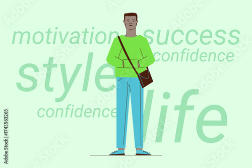 Young man in green sweater and blue pants standing confidently, holding bag. Words like motivation and success surrounding him, symbolizing positive mindset and ambition