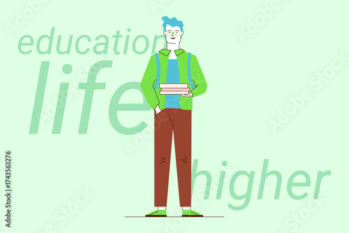 Student standing confidently, holding stacked books in their hands. Dressed in casual attire with light green background, man representing pursuit of higher education and learning