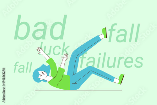 Person in blue clothing falling to ground with surprised expression. Words like bad luck and failure scattered in background, emphasizing moment of mishap