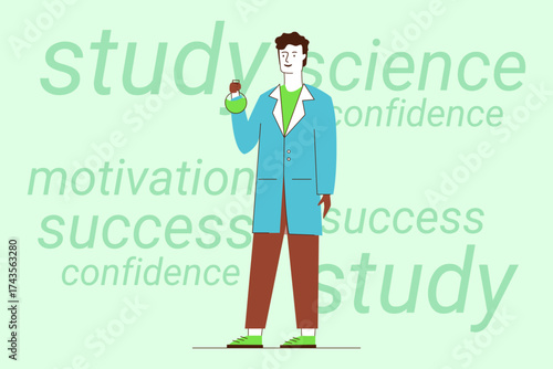 Young person wearing lab coat standing confidently while holding green liquid in flask. Words related to success and motivation in studying science