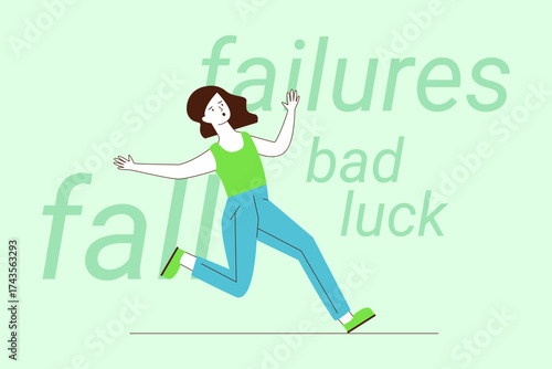 Woman running energetically across soft green background. Words like failures and bad luck scattered around her, emphasizing her determination to move forward