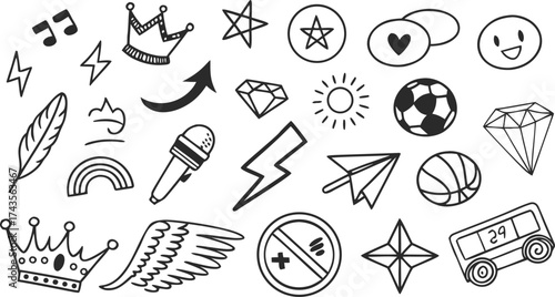 An extensive assortment of hand drawn doodle elements featuring a variety of shapes icons and decorative accents for creative projects