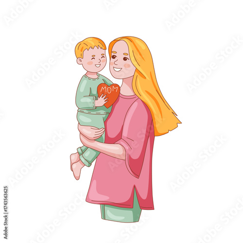 Young mother with long hair holds baby in her arms. Child and woman smile at each other. Kid wishes happy Mothers Day.
