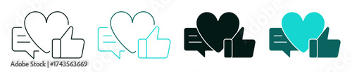 Social media icon. Heart, thumbs up and speech balloon illustration. Marketing or social media concept. Editable vector stroke. Black or green symbol for web, UI. Perfect for apps or digital platforms