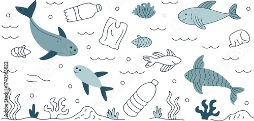 Ocean Pollution and Plastic Waste Concept Vector
