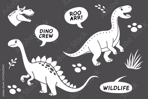 Charming and playful dinosaur pattern design featuring various cute prehistoric creatures on a dark grey textured background ideal for children s themes and decor