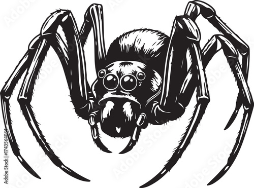 Detailed black and white drawing of a realistic spider with eight legs and multiple eyes