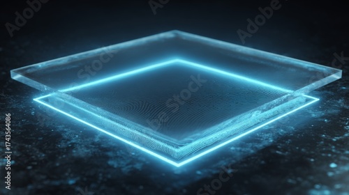 A luminous glass surface with glowing edges, creating a futuristic and ethereal atmosphere.