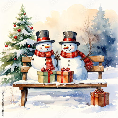 Two cute Snowmen with gift box sitting on wooden bench in winter park with Christmas tree. Watercolor New Year card.
