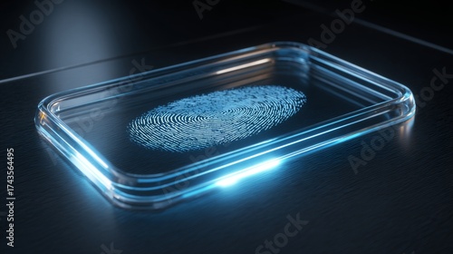 A vibrant blue holographic fingerprint displayed on a sleek glass panel, symbolizing security and identity verification.