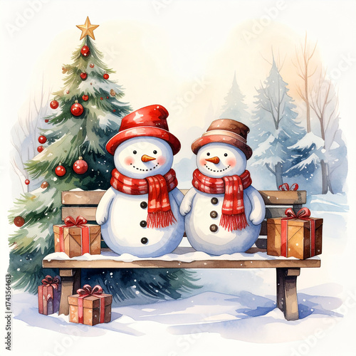 Two cute Snowmen with gift box sitting on wooden bench in winter park with Christmas tree. Watercolor New Year card.