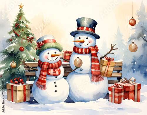 Two cute Snowmen with gift box sitting on wooden bench in winter park with Christmas tree. Watercolor New Year card.