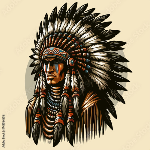 Vector illustration of a tribal chief wearing a traditional feathered headdress