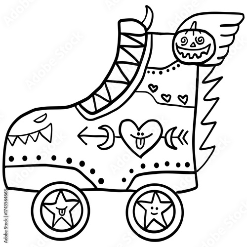 halloween roller skate with fun, whimsical designs. in doodle line style