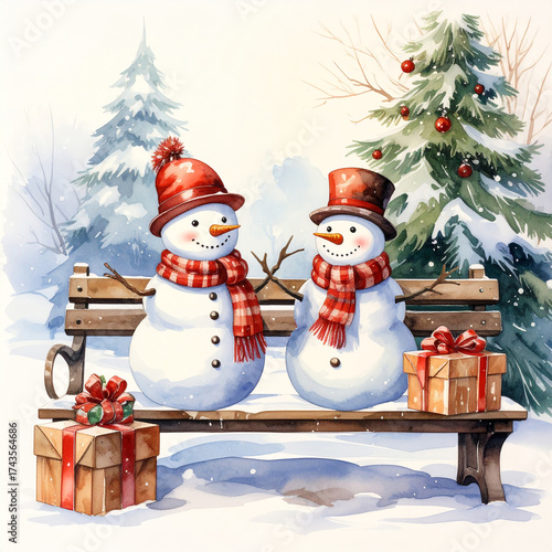 Two cute Snowmen with gift box sitting on wooden bench in winter park with Christmas tree. Watercolor New Year card.