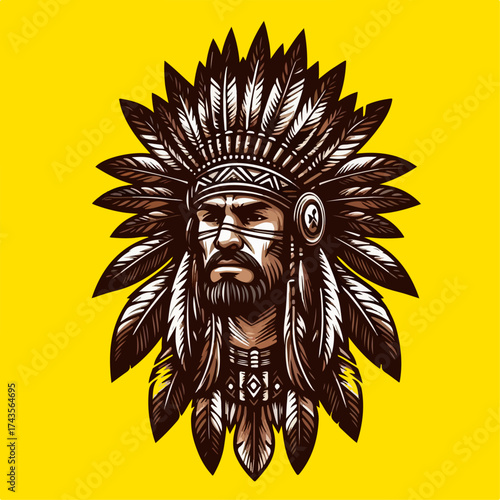 Vector illustration of a tribal chief wearing a traditional feathered headdress