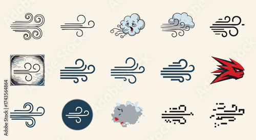 Vector collection of stylized wind icons representing blowing gusts, air currents, and weather symbols
