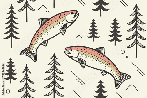 Seamless repeating pattern illustration of vibrant rainbow trout swimming in a stylized aquatic environment with subtle textures and color gradients