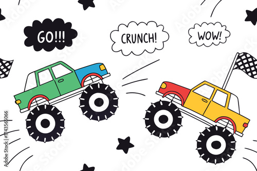 Vibrant and playful repeating pattern featuring colorful monster trucks in various dynamic poses ideal for children s designs and energetic themes