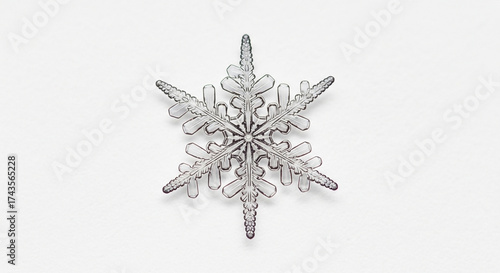 Closeup of a snowflake isolated on white background, a complex crystal structure formed by frozen water molecules in cold weather