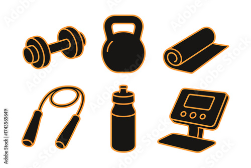 Essential gym and fitness equipment icons set featuring dumbbell, kettlebell, and yoga mat